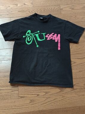 Stussy Black Tee with Orange & Teal Logo